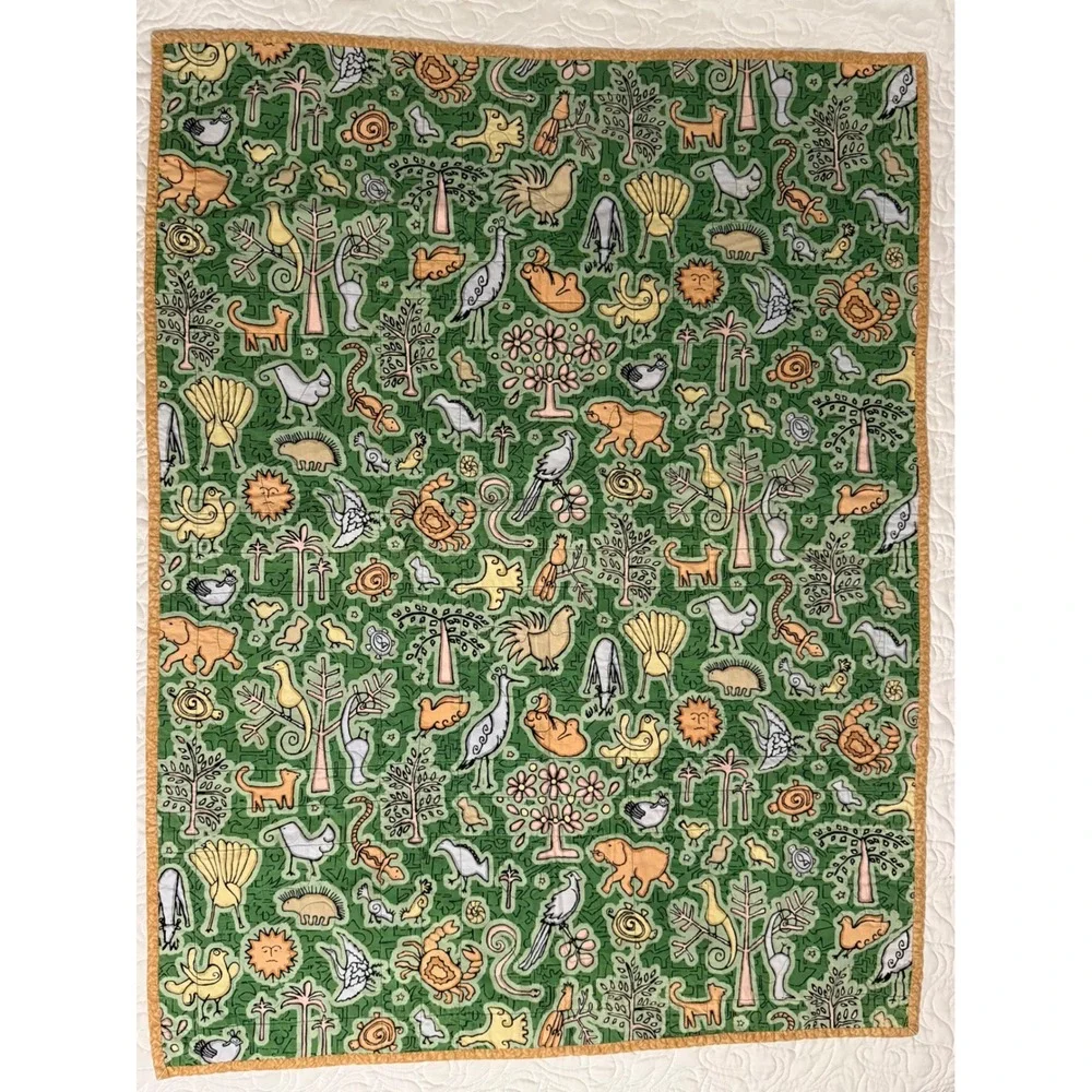 Handmade Turtle Patchwork Baby Quilt Unisex 37x48 Green Orange Excellent Safari